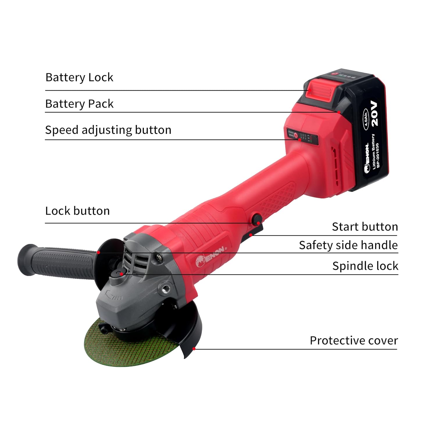 Enon Cordless Angle Grinder 700W | 20V Powerful Brushless Motor | 8800 RPM, 4Ah Battery & Charger | Grinding, Metal, Wood, Marble Cutting | Variable Speed Angle Grinder | 21 Pcs Accessories Kit Set Enon Cordless Angle Grinder 700W | 20V Powerful Brushless Motor | 8800 RPM, 4Ah Battery & Charger | Grinding, Metal, Wood, Marble Cutting | Variable Speed Angle Grinder | 21 Pcs Accessories Kit Set